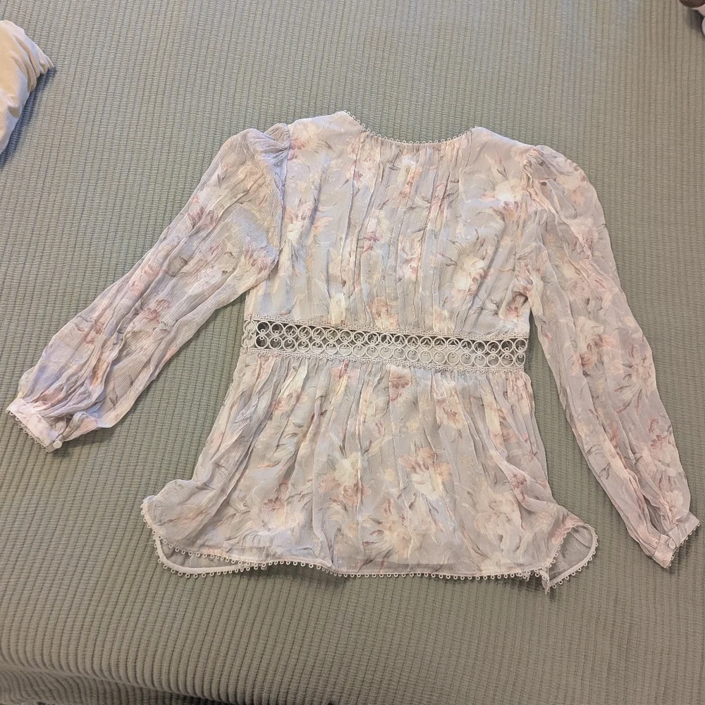 Zimmermann Iris Floral Eyelet Pink Grey Dusty Pastel Silk Lace Trim Blouse Sz 3 - Picture 9 of 13